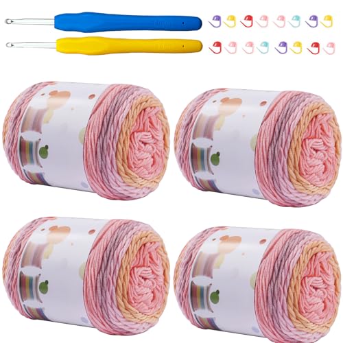 Mdoker Ombré-Kuchengarn zum Häkeln, 4 Stück, Farbverlaufsgarn, Kuchen, 4 x 100 g, 45 % Baumwolle, 55 % Acryl, Regenbogen-Baumwollgarn zum Stricken, Schals, Kleidungsstücken (Rosa / Gelb) von Mdoker