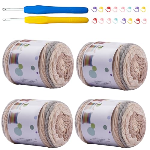 Mdoker Ombre-Kuchengarn zum Häkeln, 4 Stück, Farbverlaufsgarn, Kuchen, 4 x 100 g, 45 % Baumwolle, 55 % Acryl, Regenbogen-Baumwollgarn zum Stricken, Schals, Kleidungsstücken (braun) von Mdoker