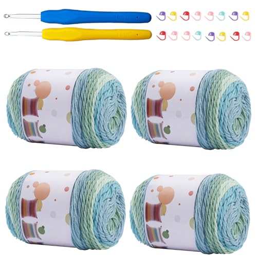 Mdoker Ombre-Kuchengarn zum Häkeln, 4 Stück, Farbverlaufsgarn, Kuchen, 4 x 100 g, 45 % Baumwolle, 55 % Acryl, Regenbogen-Baumwollgarn zum Stricken, Schals, Kleidungsstücken (grün) von Mdoker