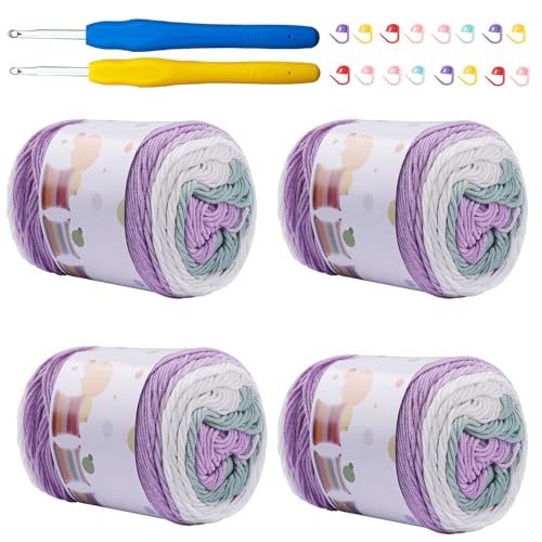 Mdoker Ombre-Kuchengarn zum Häkeln, 4 Stück, Farbverlaufsgarn, Kuchen, 4 x 100 g, 45 % Baumwolle, 55 % Acryl, Regenbogen-Baumwollgarn zum Stricken, Schals, Kleidungsstücken (lila) von Mdoker