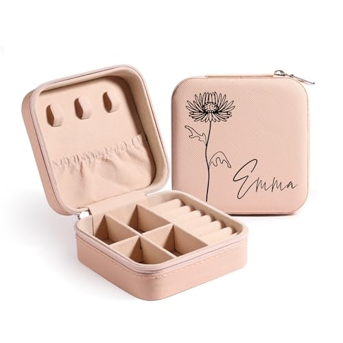 MeMeDIY Personalisierte Schmuckschatulle mit Namen/Blume Individuelles Leder Reise-Schmuckkästchen Schmuck-Organizer-Box Hochzeit Brautjungfer Geschenke für Frauen und Mütter B1-Rosa von MeMeDIY