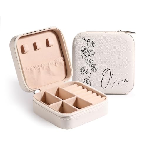 MeMeDIY Personalisierte Schmuckschatulle mit Namen/Blume Individuelles Leder Reise-Schmuckkästchen Schmuck-Organizer-Box Hochzeit Brautjungfer Geschenke für Frauen und Mütter C1-Weiß von MeMeDIY