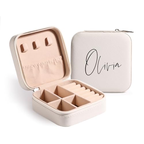 MeMeDIY Personalisierte Schmuckschatulle mit Namen/Blume Individuelles Leder Reise-Schmuckkästchen Schmuck-Organizer-Box Hochzeit Brautjungfer Geschenke für Frauen und Mütter C2-Weiß von MeMeDIY