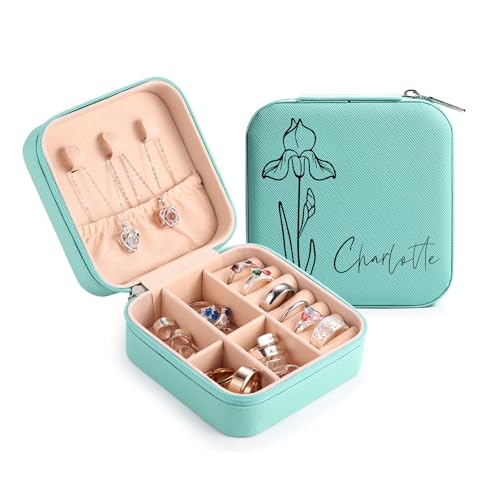 MeMeDIY Personalisierte Schmuckschatulle mit Namen/Blume Individuelles Leder Reise-Schmuckkästchen Schmuck-Organizer-Box Hochzeit Brautjungfer Geschenke für Frauen und Mütter D1-Blau von MeMeDIY