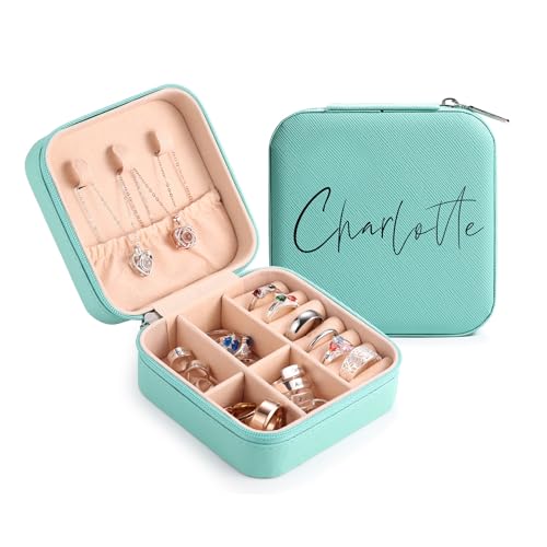 MeMeDIY Personalisierte Schmuckschatulle mit Namen/Blume Individuelles Leder Reise-Schmuckkästchen Schmuck-Organizer-Box Hochzeit Brautjungfer Geschenke für Frauen und Mütter D2-Blau von MeMeDIY