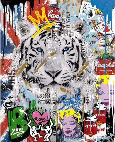 MeQix Tiger-Graffiti-Malen Nach Zahlen Für Erwachsene, Banksy Street Art Diy-Ölgemälde-Set Auf Leinwand Mit Pinseln Und Acrylpigmenten, Abstraktes Tierbild Für Die Wanddekoration Zu Hause 40 * 50cm von MeQix