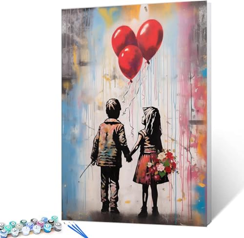 Street Art Banksy Malen Nach Zahlen Für Erwachsene, Digitales Diy-Ölgemälde-Set Auf Leinwand Mit Pinseln Und Acrylpigmenten, Ballon-Kunstwerk „Kleines Mädchen Und Junge“ Für Die Inneneinric 40 * 50cm von MeQix