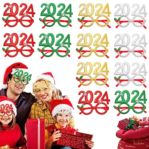 MeYuxg 12 Paare Weihnachtsbrillen, 2024 Weihnachtsbrille, Party Brille, Weihnachtsbrillen Geschenke für Kinder und Erwachsene (Rot/Grün/Gold/Weiß) von MeYuxg