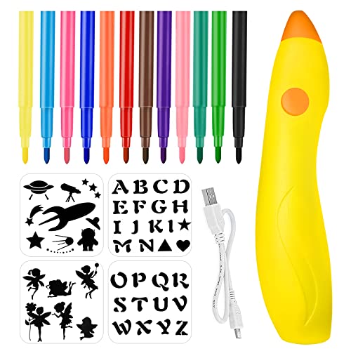MeYuxg Elektrischer Farbsprühstift, Airbrush Stifte für Kinder, Zauberstifte für Kinder Graffiti Stifte, Kreatives Airbrush Set für Kinder, mit 12 Filzstiften & 4 Schablonen und USB-Kabel von MeYuxg