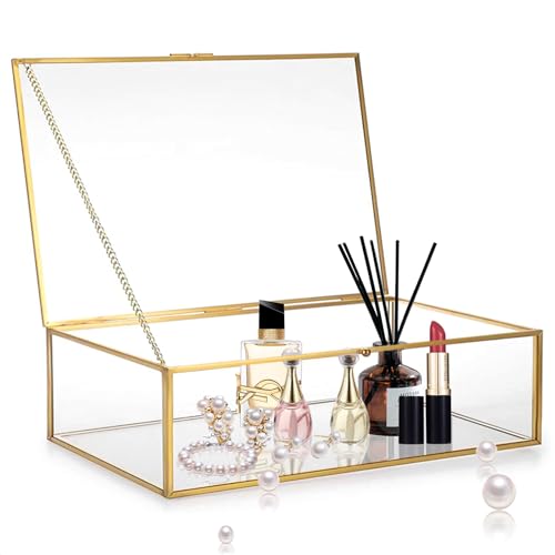 MeYuxg Glasbox Golden Schmuckkästchen, Großes Hochzeitspost Box Schmuckkästchen Glas Schmuckschatulle, Geschenkbox mit Deckel Groß Transparent Glasvitrine MeYuxg Glasbox Golden Schmuckkästchen, Großes Hochzeitspost Box Schmuckkästchen Glas Schmuckschatulle, Geschenkbox mit Deckel Groß Transparent Glasvitrine von MeYuxg