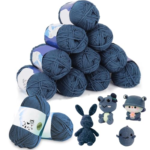 MeYuxg Häkelgarn,12 x 50g Textilgarn zum Häkeln,Weich Babywolle zum Stricken Weich, Textilgarn Häkeln für Anfänger, Häkelwolle Baumwolle zum Häkeln von Handarbeiten, Taschen und Puppen(Denimblau) von MeYuxg