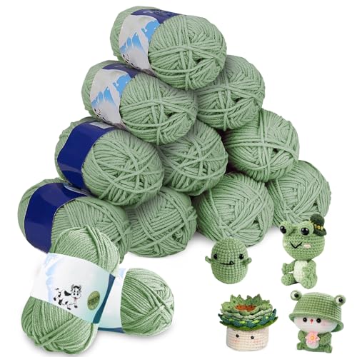 MeYuxg Häkelgarn,12 x 50g Wolle zum Häkeln,Weich Babywolle zum Stricken Weich, Textilgarn Häkeln für Anfänger, Häkelwolle Baumwolle zum Häkeln von Handarbeiten, Taschen und Puppen(Grüngrau) von MeYuxg
