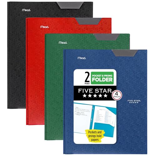 Five Star 2 Taschenmappen, 4 Stück, Kunststoff-Ordner mit Stay-Put-Tabs und Zinkenverschlüssen, für 21,6 x 27,9 cm Papier, beschreibbares Etikett, Schwarz, Feuerrot, Waldgrün, Pazifikblau (38048) von Five Star