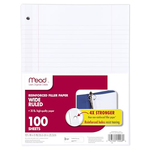 Mead Loseblattpapier, breit liniert, verstärkt, 20,3 x 26,7 cm, 100 Blatt, passend für 3-Ringbücher (15006) von Mead