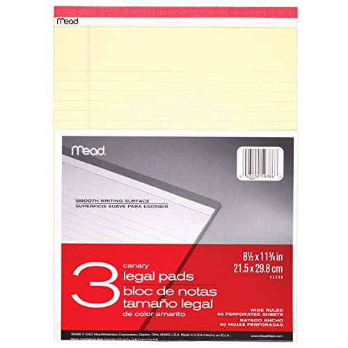 Mead Schreibblöcke, 3er-Pack, breites liniertes Papier, 21,6 x 29,5 cm, 50 Blatt, ideal für den Einsatz als Heimbürobedarf, Notizblöcke, oder Stenoblöcke, Briefblock Riting, Can Aary Yellow (59386) von Mead