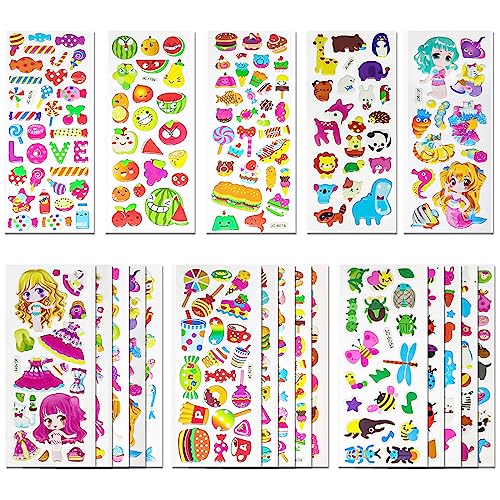 Meafeng 3D Sticker Kinder 24 Blätter 530+ Geschwollen Aufkleber 3D für Jungen and Mädchen, Verschiedene Sticker Set mit Tiere, Früchte, Mädchen, Meerjungfrauen, Desserts usw von Meafeng