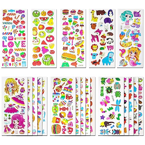 3D Sticker Kinder 24 Blätter 530+ Geschwollen Aufkleber 3D für Jungen and Mädchen, Verschiedene Sticker Set mit Tiere, Früchte, Mädchen, Meerjungfrauen, Desserts usw von Meafeng