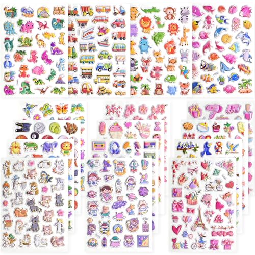 Meafeng 3D Aufkleber für Kinder Kleinkinder, 16 Blatt Cartoon 3D Aufkleber, Puffy Geschwollene Sticker für Jungen Mädchen, Geschenke für Partys und Feiern von Meafeng