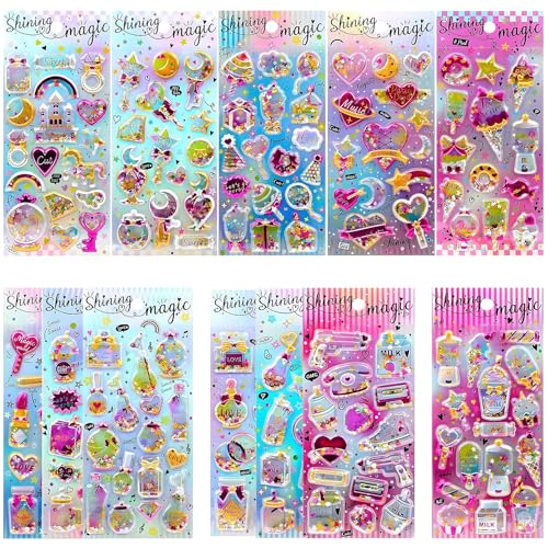 Meafeng 3D Sticker für Kinder, Aufkleber Kinder Schüttelsticker mit Glitzer, 12 Verschiedene Themen Sticker Set für Mädchen, Süßigkeiten, Herzen, Eiscreme, Party, Regenbogenburg von Meafeng