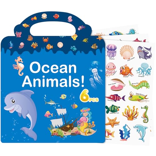 Wiederverwendbare Stickerbuch, Sticker Book für Kinder, 6 Blätter Meerestiere Stickerbücher für 3 4 5 6 Jahre Jungen Mädchen Kleinkinder, 3D Klare Sticker für Lernspielzeug Geschenke von Meafeng