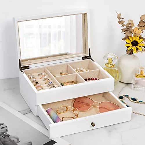 Meangood Schmuckkästchen Organizer für Frauen, 2-lagig, große Schmuck-Aufbewahrungsbox, rustikale Holz-Schmuckschatulle mit Spiegel und Ringablage für Halsketten, Ohrringe, Ringe, Vintage-Stil (weiß) Meangood Schmuckkästchen Organizer für Frauen, 2-lagig, große Schmuck-Aufbewahrungsbox, rustikale Holz-Schmuckschatulle mit Spiegel und Ringablage für Halsketten, Ohrringe, Ringe, Vintage-Stil (weiß) von Meangood