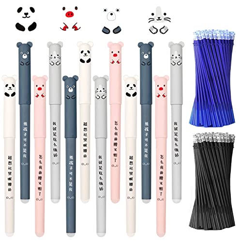 Meanju 12 Stück Cartoon Gel Ink Pen Gelschreiber mit 6 Blaue und 6 Schwarze Nachfüllungen,Cartoon Radierbarer Kugelschreiber,Gelschreiber Süße Schweine Panda Gel Stift 0.35mm (Schwarz) von Meanju