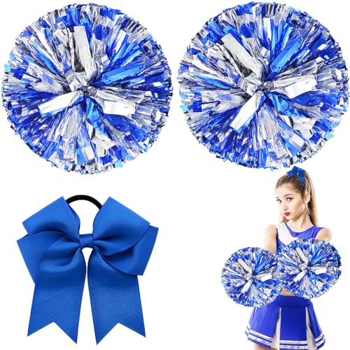 3 Stück Cheerleader Pompons, Cheerleader Pompons Blau, Sport Pompons Cheers Ball Pompoms, 2 Pompoms + Haarband, Metallfolie Puschel Tanzpuschel für Tanzparty Sport Wettbewerb Team Geist von Meanju