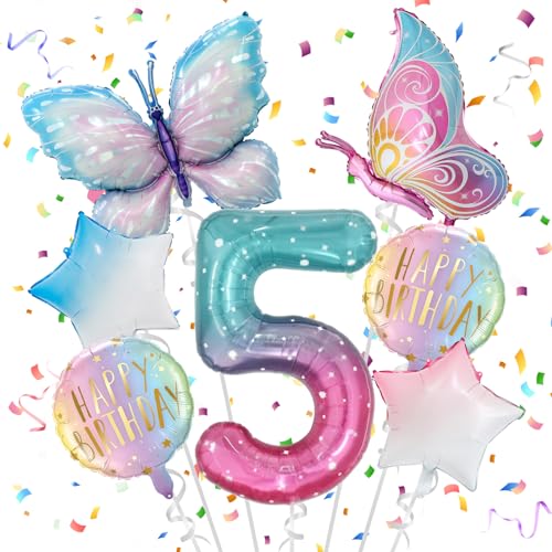 5 Jahre Schmetterling Deko Geburtstag, 5. Mädchen Geburtstag, Schmetterling Folienballon, Bunt Schmetterlinge Geburtstagsdeko, Geburtstagsdeko Rosa, Luftballon 5. Geburtstag Mädchen von Meanju