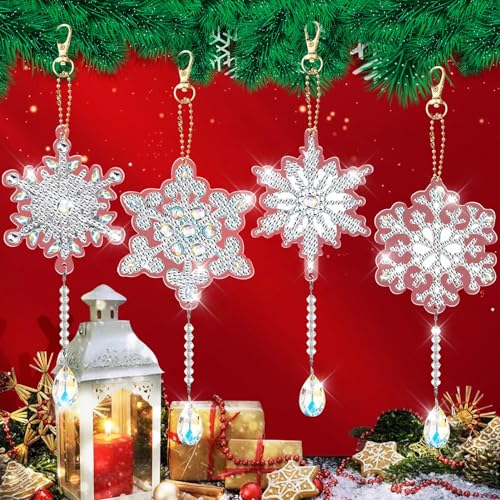 Diamond Painting Weihnachten Anhänger - 4 Stück Schneeflocken, 5D Schlüsselanhänger Beidseitig, DIY Diamant Painting von Meanju