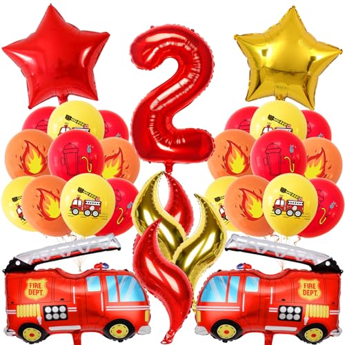 Feuerwehr Geburtstag Deko 2 Jahre 21 Stück, Feuerwehrauto 2 Geburtstag Luftballon, Kindergeburtstag Feuerwehrauto Deko, Feuerwehrmann Geburtstagsdeko, Geburtstagsdeko 2 Jahre Junge von Meanju