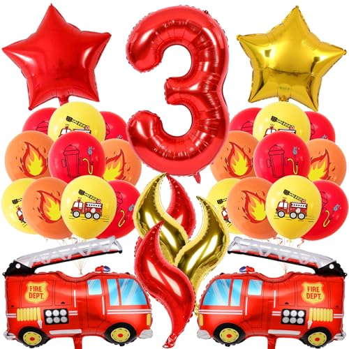 Feuerwehr Geburtstag Deko 3 Jahre 21 Stück, Feuerwehrauto 3 Geburtstag Luftballon, Kindergeburtstag Feuerwehrauto Deko, Feuerwehrmann Geburtstagsdeko, Geburtstagsdeko 3 Jahre Junge von Meanju