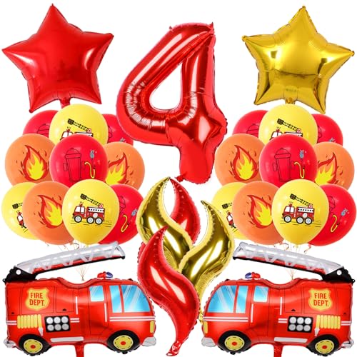 Feuerwehr Geburtstag Deko 4 Jahre 21 Stück, Feuerwehrauto 4 Geburtstag Luftballon, Kindergeburtstag Feuerwehrauto Deko, Feuerwehrmann Geburtstagsdeko, Geburtstagsdeko 4 Jahre Junge von Meanju