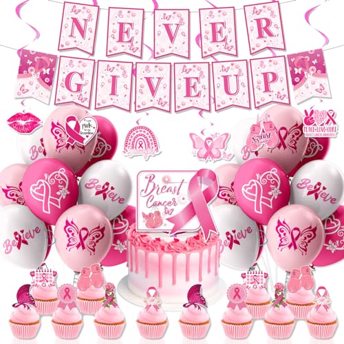 Luftballons Rosa Band Banner Brustkrebs Oktober,Rosa Brustkrebs Dekoration,Breast Cancer Bewusstsein Ballons Rosa Band Latexballon,Brustkrebs Bewusstsein Party Supplies Indoor Outdoor Deko von Meanju