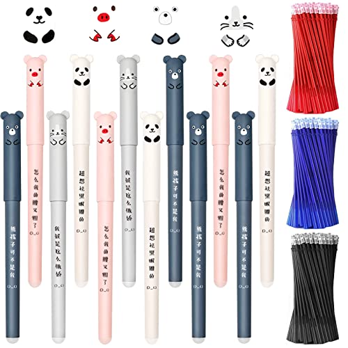 Meanju 12 Stück Cartoon Gel Ink Pen Gelschreiber mit 6 Blau + 6 Schwarz + 6 Rot Nachfüllungen,Cartoon Radierbarer Kugelschreiber,Gelschreiber Süße Schweine Panda Gel Stift 0.35mm(Rot) von Meanju