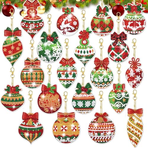 Meanju Diamond Painting Weihnachtsanhänger 20 Stück, 5D Weihnachtsball Schlüsselanhänger, Bastelset DIY für Kinder von Meanju