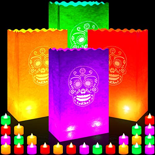 24 Stück Tag der Toten Leuchttüten Dia de Los Muertos Leuchttüten Mexikanische Halloween Leuchttüten Flammfest Papierlaterne Tüten mit 24 flammenlosen Kerzen LED Teelichter Kerzen für Party von Meanplan