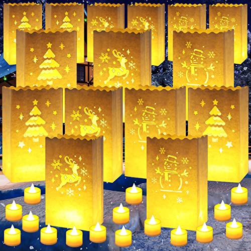 30 Sets Weihnachts-Leuchttüten Flammenbeständig Kerzentüten Xmas Tree Design Leuchtende Laterne Taschen mit flammenlosen Kerzen LED Teelichter Kerzen für Xmas Halloween Thanksgiving Party (niedlich) von Meanplan