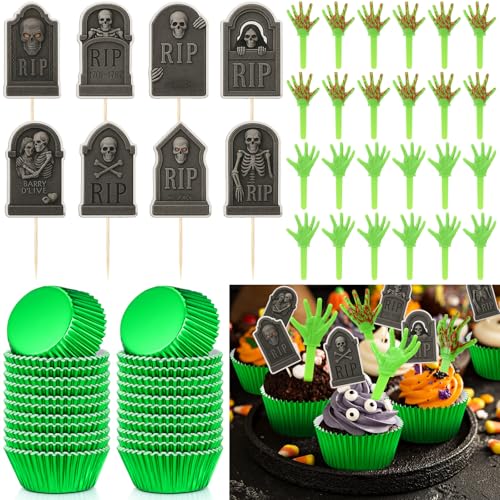 Meanplan Gruselige Halloween-Kuchendekorationsset, Grabstein, Friedhof, Hände, Halloween, grüne Cupcake-Einlagen, Spuk-Partyzubehör für Kuchen, Kekse, Cupcakes, gruselige Leckereien, 48 Stück Meanplan Gruselige Halloween-Kuchendekorationsset, Grabstein, Friedhof, Hände, Halloween, grüne Cupcake-Einlagen, Spuk-Partyzubehör für Kuchen, Kekse, Cupcakes, gruselige Leckereien, 48 Stück von Meanplan