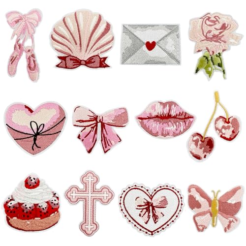 Aufnäher zum Aufbügeln mit rosa Schleife, Kuchen, Herzen, Schmetterling, Rose, Lippen, Kreuz, zum Aufbügeln oder Aufnähen, Vintage-Stickerei-Flicken für Kleidung, Taschen, Jeans, Jacken, Hemden, Hüte von Meawaho