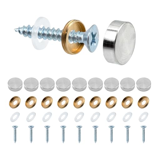 Mebamce 10 Sets Edelstahl-Spiegelschrauben mit Kappen, 16 mm, gebürstet, dekorative Schraubkappe, Metall-Schraubkappen-Abdeckungsbefestigungen für Spiegel, Glas, Möbelbeschläge – Silber von Mebamce