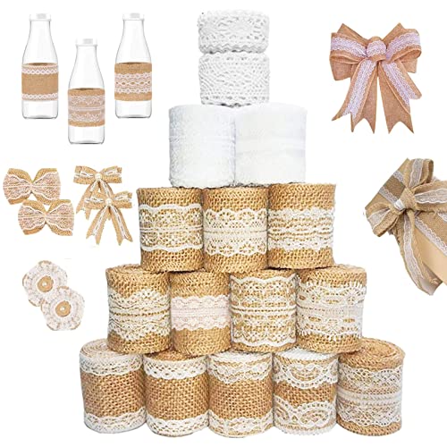 16 Rolle Juteband, Spitzenband, Juteband mit Spitze, 12M Spitzenband + 13M Spitzenband Weiß, Geschenkband Vintage, Juteband Spitzenband Natur, Juteband Breit für Deko Hochzeit Geschenkverpackung 16 Rolle Juteband, Spitzenband, Juteband mit Spitze, 12M Spitzenband + 13M Spitzenband Weiß, Geschenkband Vintage, Juteband Spitzenband Natur, Juteband Breit für Deko Hochzeit Geschenkverpackung von Mecctuck