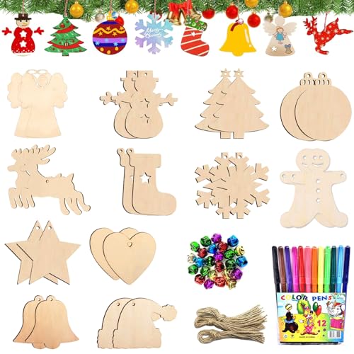 Basteln Weihnachten, 90 Stück Bastelset Weihnachten, Holzanhänger Weihnachten, Weihnachtsdeko, Basteln Kinder Weihnachtsbasteln mit Juteseil Glöckchen Farbiger, Anhänger für Weihnachten Malen DIY Deko Basteln Weihnachten, 90 Stück Bastelset Weihnachten, Holzanhänger Weihnachten, Weihnachtsdeko, Basteln Kinder Weihnachtsbasteln mit Juteseil Glöckchen Farbiger, Anhänger für Weihnachten Malen DIY Deko von Mecctuck