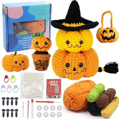 Häkelset für Anfänger, Crochet Set, Halloween Kürbis Crochet Set, Häkeln für Anfänger, Wolle zum Häkeln, Wolle zum Stricken für DIY-Handarbeiten mit Häkelnadeln, Häkelset mit Tutorial und Anleitung von Mecctuck