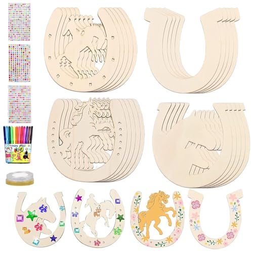 Mecctuck Hufeisen Holz, 41 Stück Bastelset Kinder, Hufeisen Kindergeburtstag, Basteln Kinder mit Diamant Abziehbilder Aquarellstift Glitzerband, Holz Hufeisen Bastelsets für Kinder DIY Party Hochzeit von Mecctuck