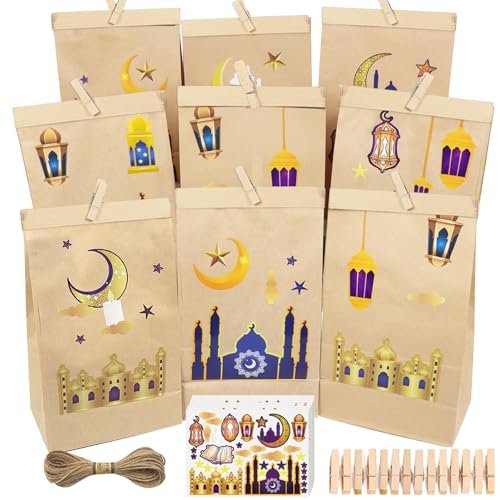 Mecctuck Ramadan Kalender, Ramadan Deko, Ramadan Kalender Kinder, Ramadan Kalender mit Süßigkeiten, 30 Stück Eid Mubarak Papiertüten mit Clips und Juteseil, Ramadankalender Geschenke Verpackung von Mecctuck