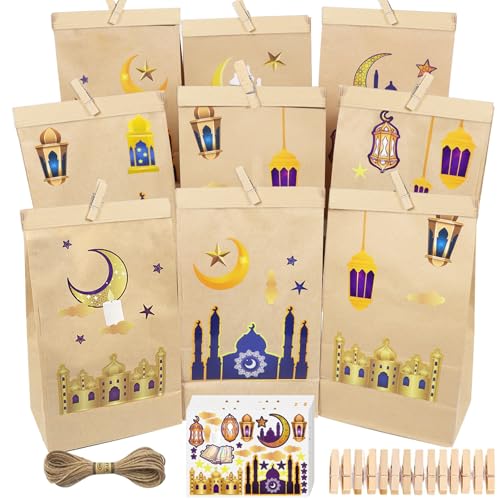 30 Stück Ramadan Papiertüten, Eid Mubarak Geschenktüten, Eid Mubarak Papiertüten Ramadan Kalender Kinder, Süßigkeiten Tüten mit Clips Juteseil, Kraftpapiertüten Candy Tüten für Geschenke Verpackung von Mecctuck
