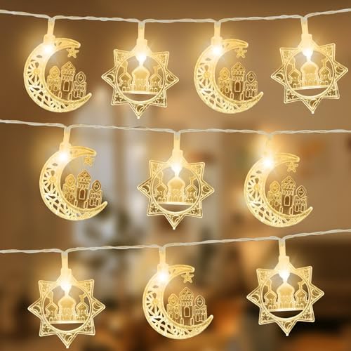 Ramadan Lichterkette, 300cm Stern Mond Lichterketten, Ramadan Deko Lichterkette 20 LEDs, EID Mubarak Lichterketten, Muslim Licht Eid Mubarak Dekoration für Innen Außen Haus Garten Terrasse Moschee von Mecctuck