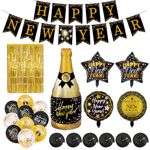 Silvester Deko 2025, Happy New Year Deko 2025, Silvesterdeko, Party Deko Silvester Schwarz Gold, Silvester Deko Girlande Folienballon Silvester Luftballons Folienballon für Neujahr Party von Mecctuck
