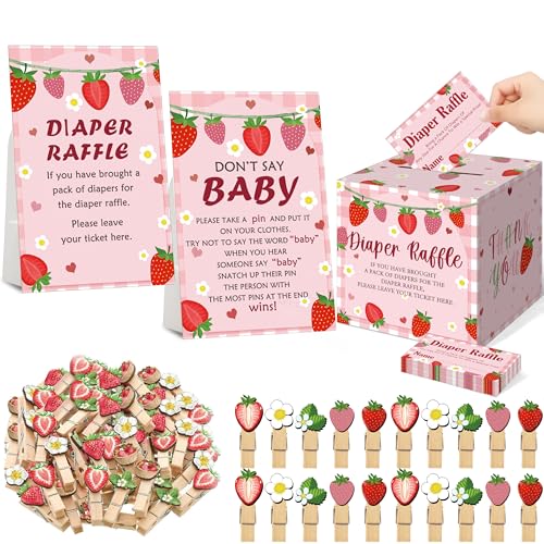 Erdbeer-Baby-Party-Spielzubehör für Mädchen, inklusive Windel-Verlosungsbox mit 50 Karten, 1 Schild mit Aufschrift "Don't Say Baby", 50 Wäscheklammern für Babyparty-Dekorationen, 102 Stück Erdbeer-Baby-Party-Spielzubehör für Mädchen, inklusive Windel-Verlosungsbox mit 50 Karten, 1 Schild mit Aufschrift "Don't Say Baby", 50 Wäscheklammern für Babyparty-Dekorationen, 102 Stück von Mecholey
