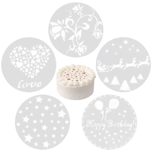 Mecmbj Tortenschablone, Torten Zubehör, 5PCS Kuchen Blumenspray Schablonen, alles Gute zum Geburtstag, Liebesmuster, verwendet für DIY Zuckerpulver Sieb Gebäck Spray Backwerkzeuge (Größe: 24 * 24cm) von Mecmbj